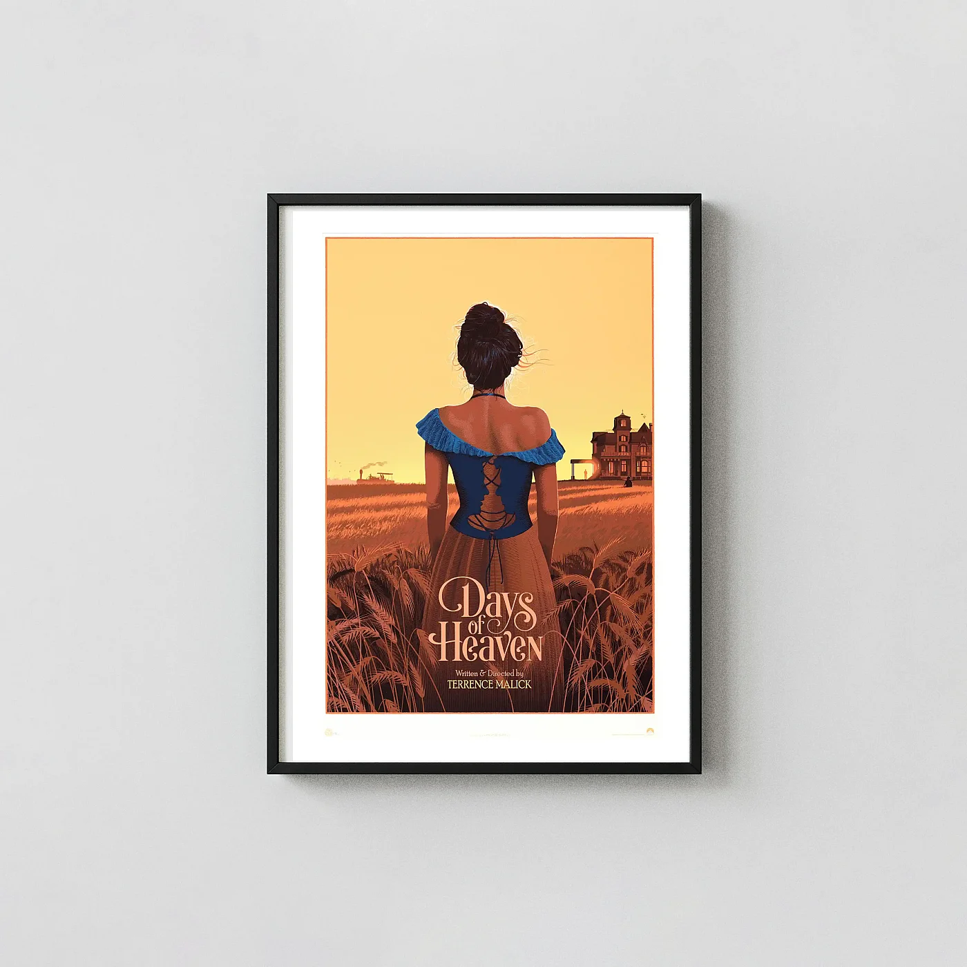 Days of Heaven Laurent Durieux Mondo Poster (1978 Film) | Terrence Malick Movie Posters xe2x80x93 Portrait Frame Wall Art Mockup | MerchFuse