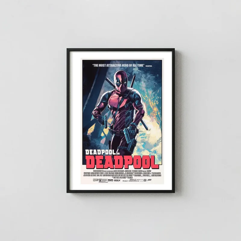 Deadpool Rob Liefeld Mondo Movie Poster (2016) | Marvel Anti-Hero Action & Adventure Movie Posters xe2x80x93 Portrait Frame Wall Art Mockup | MerchFuse