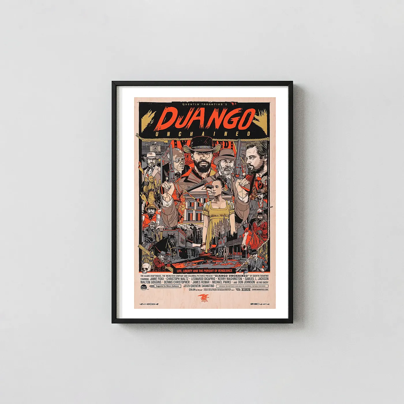 Quentin Tarantino's Django Unchained Tyler Stout Mondo Poster Movie Posters xe2x80x93 Portrait Frame Wall Art Mockup | MerchFuse