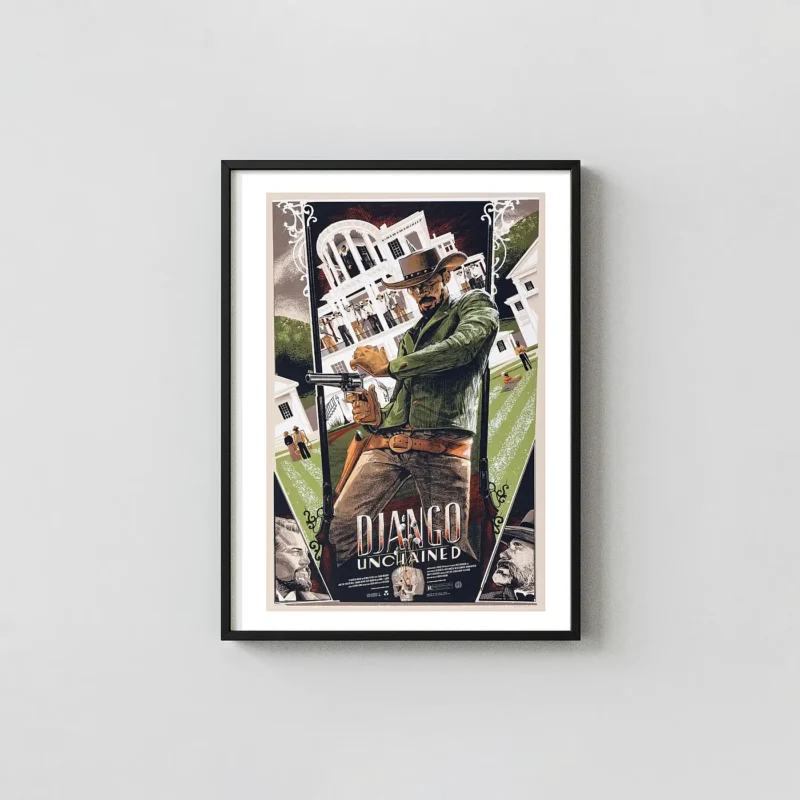Django Unchained Mondo Poster by Rich Kelly | Western Movie Movie Posters xe2x80x93 Portrait Frame Wall Art Mockup | MerchFuse