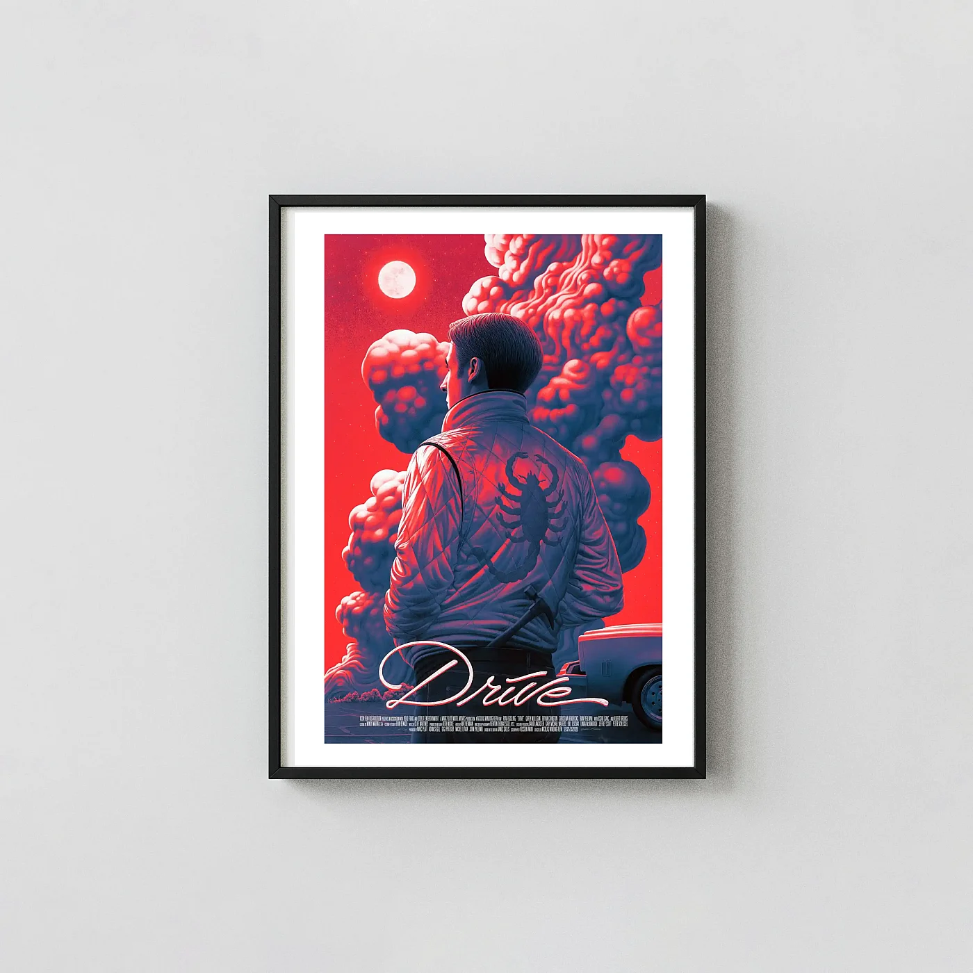 Drive Movie Poster - Boris Pelcer Mondo Art Print ft. The Driver's Scorpion Jacket Action & Adventure Movie Posters xe2x80x93 Portrait Frame Wall Art Mockup | MerchFuse
