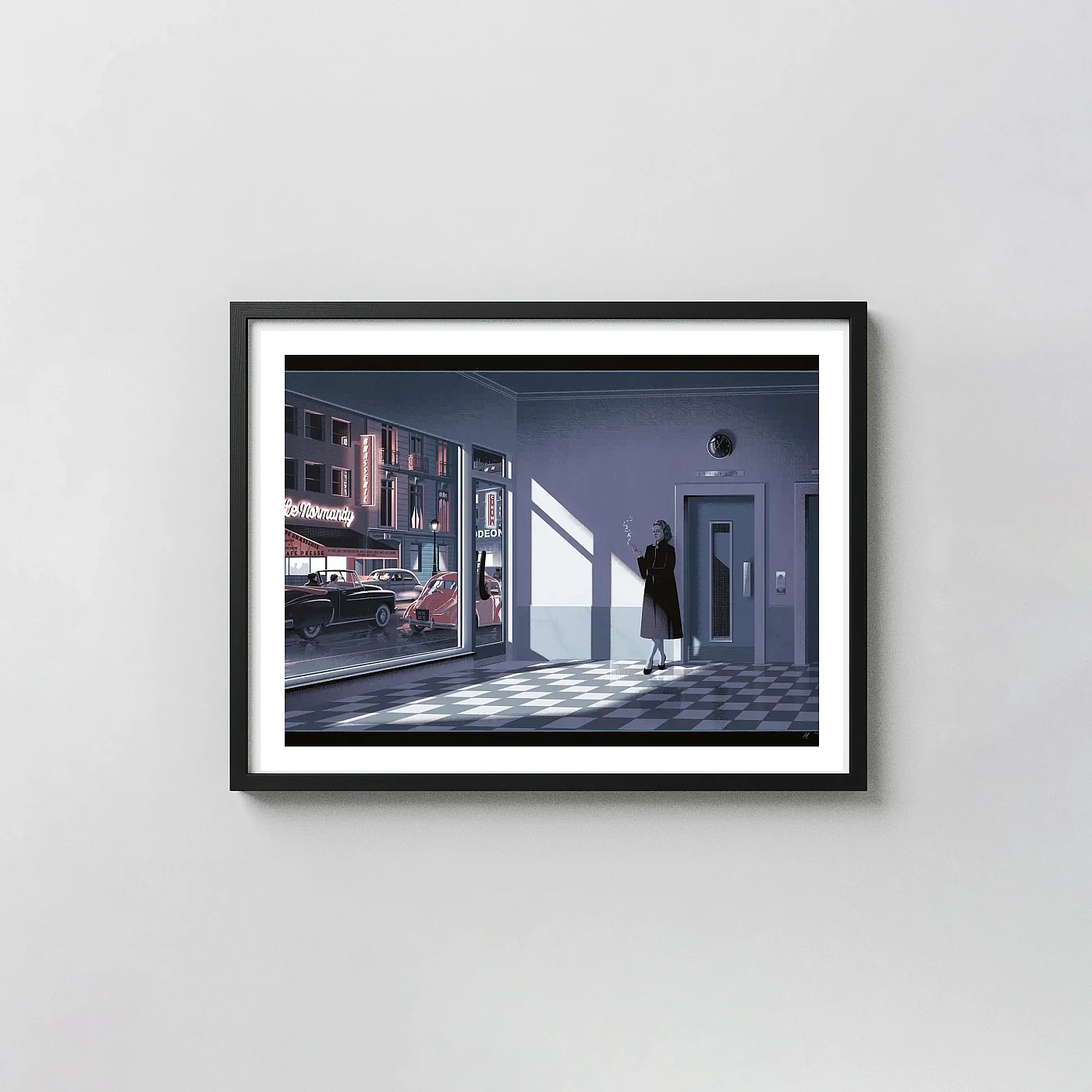 Elevator To The Gallows Laurent Durieux Art Poster | Classic French Film Noir Elevator To The Gallows Laurent Durieux Art Poster | Classic French Film Noir Movie Posters Xe2X80X93 Landscape Frame Wall Art Mockup | Merchfuse