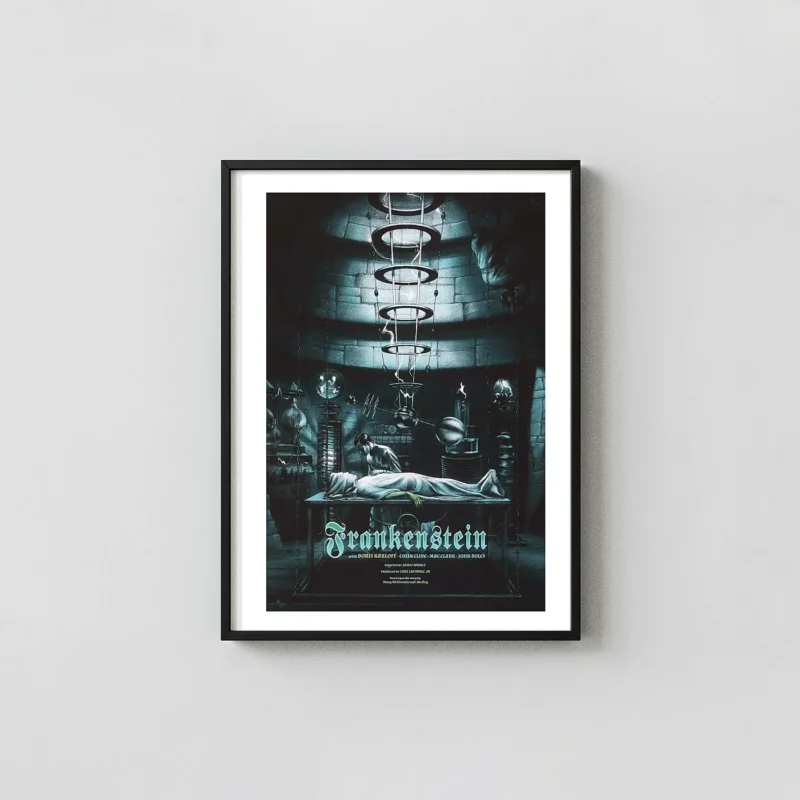 Frankenstein (1931) Mondo Poster Art by Jonathan Burton | Classic Universal Horror Horror Movies Posters xe2x80x93 Portrait Frame Wall Art Mockup | MerchFuse
