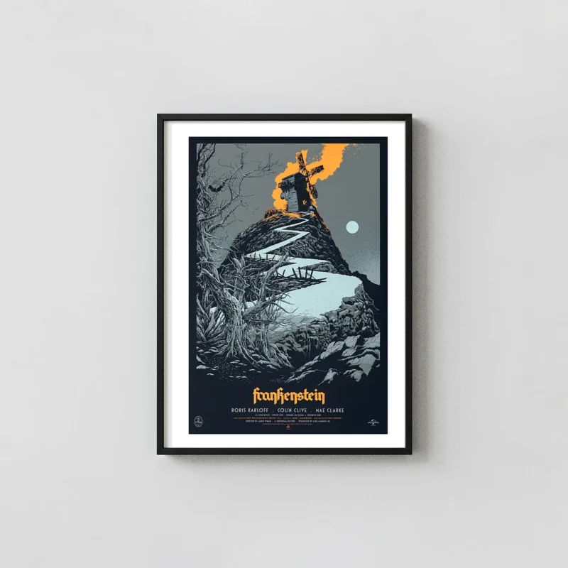 Frankenstein Mondo Poster by Ken Taylor | Universal Horror Classic Horror Movies Posters xe2x80x93 Portrait Frame Wall Art Mockup | MerchFuse