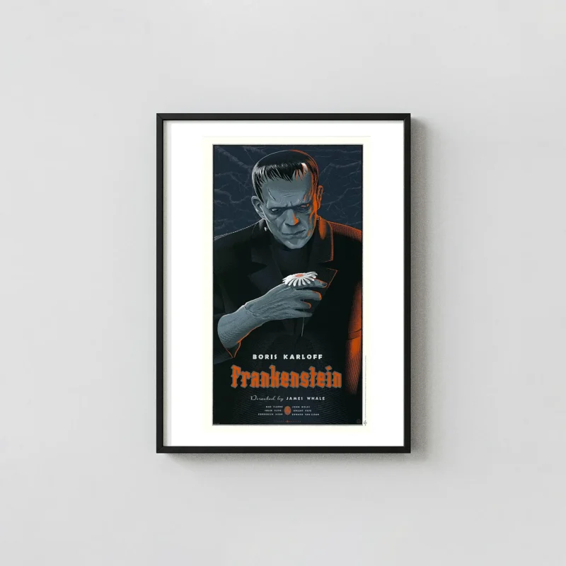 Laurent Durieux Frankenstein Poster - Universal Classic Horror Movie Art Horror Movies Posters xe2x80x93 Portrait Frame Wall Art Mockup | MerchFuse