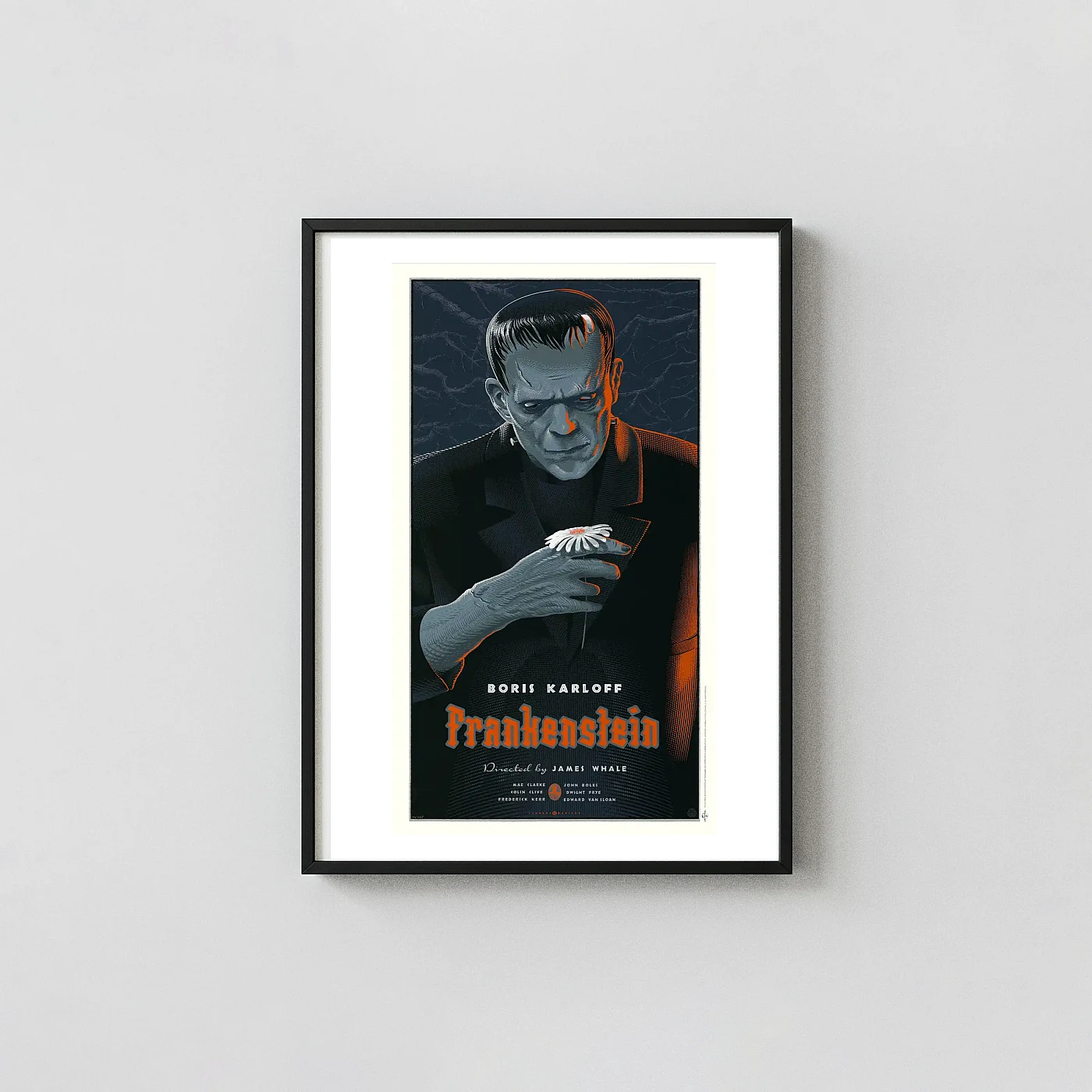 Laurent Durieux Frankenstein Poster - Universal Classic Horror Movie Art Horror Movies Posters xe2x80x93 Portrait Frame Wall Art Mockup | MerchFuse