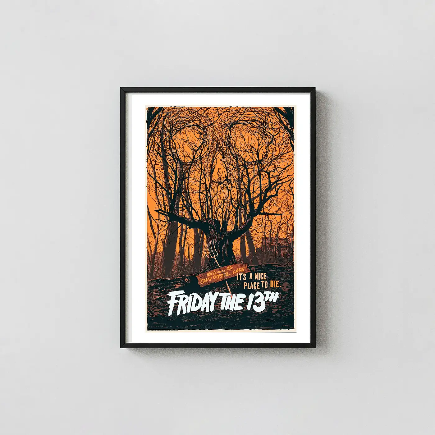 Friday the 13th Poster: Camp Crystal Lake Skull Tree Art by Francesco Francavilla Movie Posters xe2x80x93 Portrait Frame Wall Art Mockup | MerchFuse