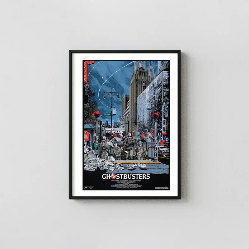 Ghostbusters Mondo Alternative Poster Print (2019) | Iconic NYC Horror Comedy Art Horror Movies Posters xe2x80x93 Portrait Frame Wall Art Mockup | MerchFuse