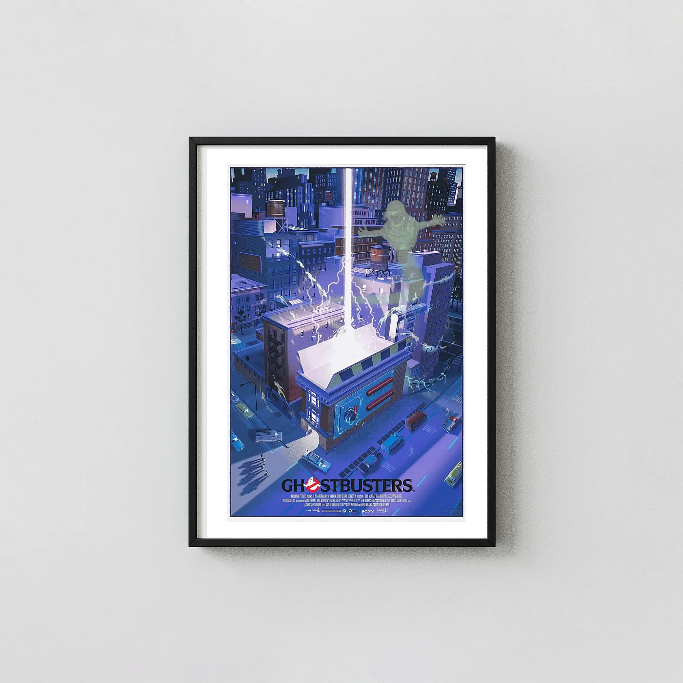 Ghostbusters Firehouse Mondo Poster by Laurent Durieux | Ecto-1 Horror Movies Posters xe2x80x93 Portrait Frame Wall Art Mockup | MerchFuse