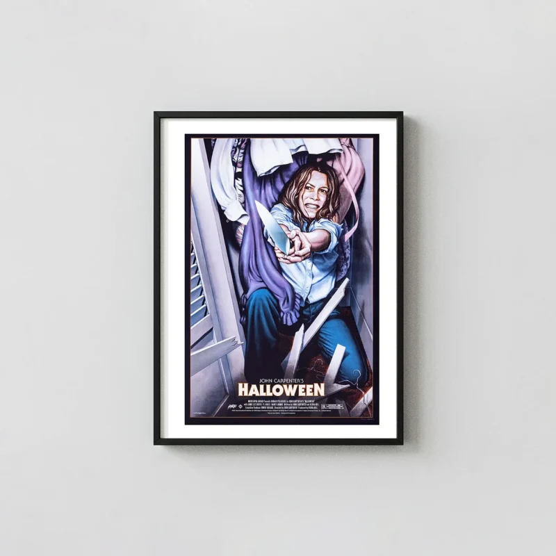 John Carpenter's Halloween Mondo Poster - Laurie Strode Closet Scene Art by Jason Edmiston Horror Movies Posters xe2x80x93 Portrait Frame Wall Art Mockup | MerchFuse