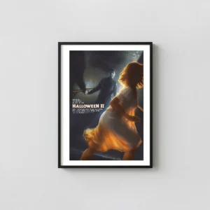 Halloween II (1981) Bottleneck Variant Poster - Michael Myers and Laurie Strode Horror Movies Posters xe2x80x93 Portrait Frame Wall Art Mockup | MerchFuse