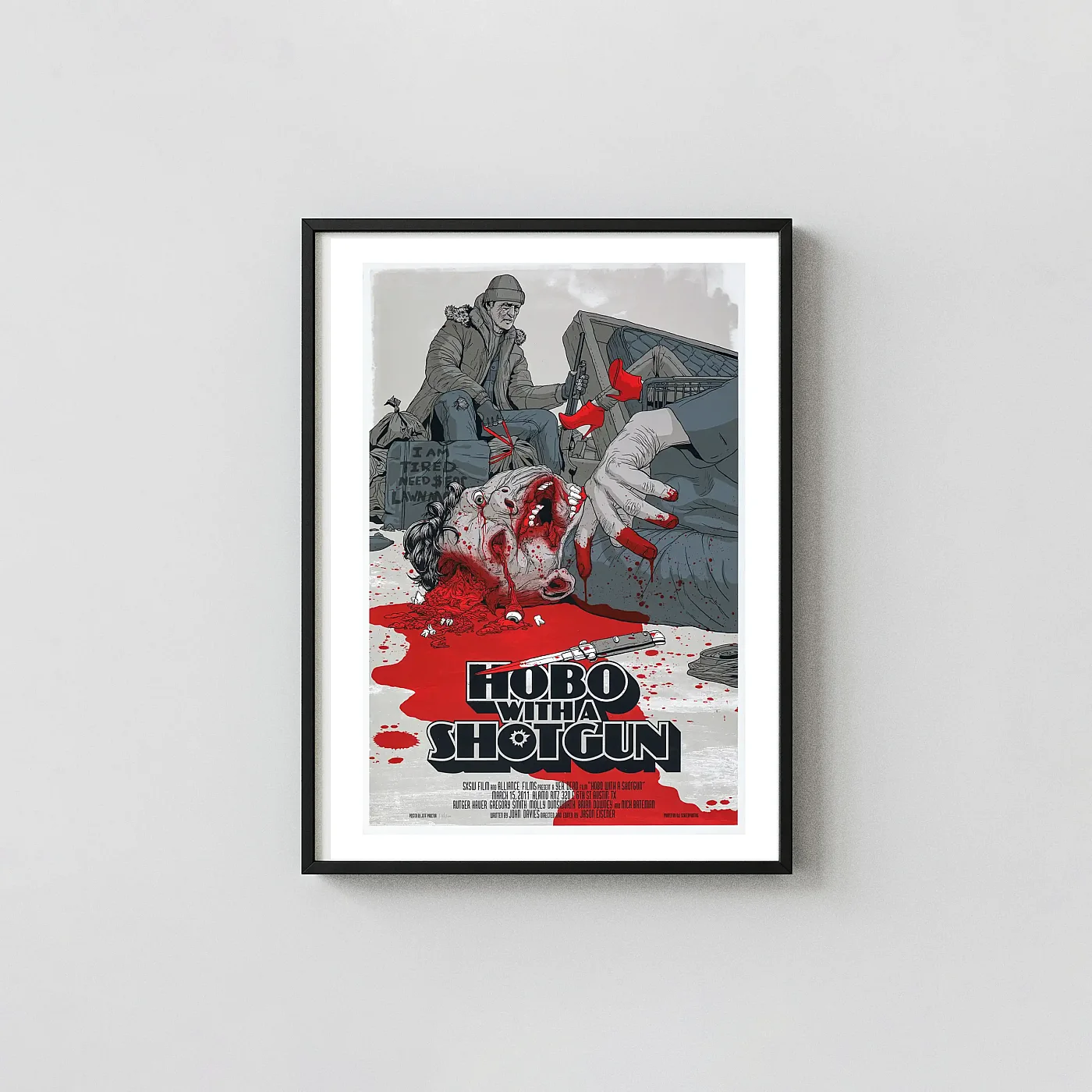 Hobo With A Shotgun Mondo Poster By Jeff Proctor | Grindhouse Film Art Print Hobo With A Shotgun Mondo Poster By Jeff Proctor | Grindhouse Film Movie Posters Xe2X80X93 Portrait Frame Wall Art Mockup | Merchfuse