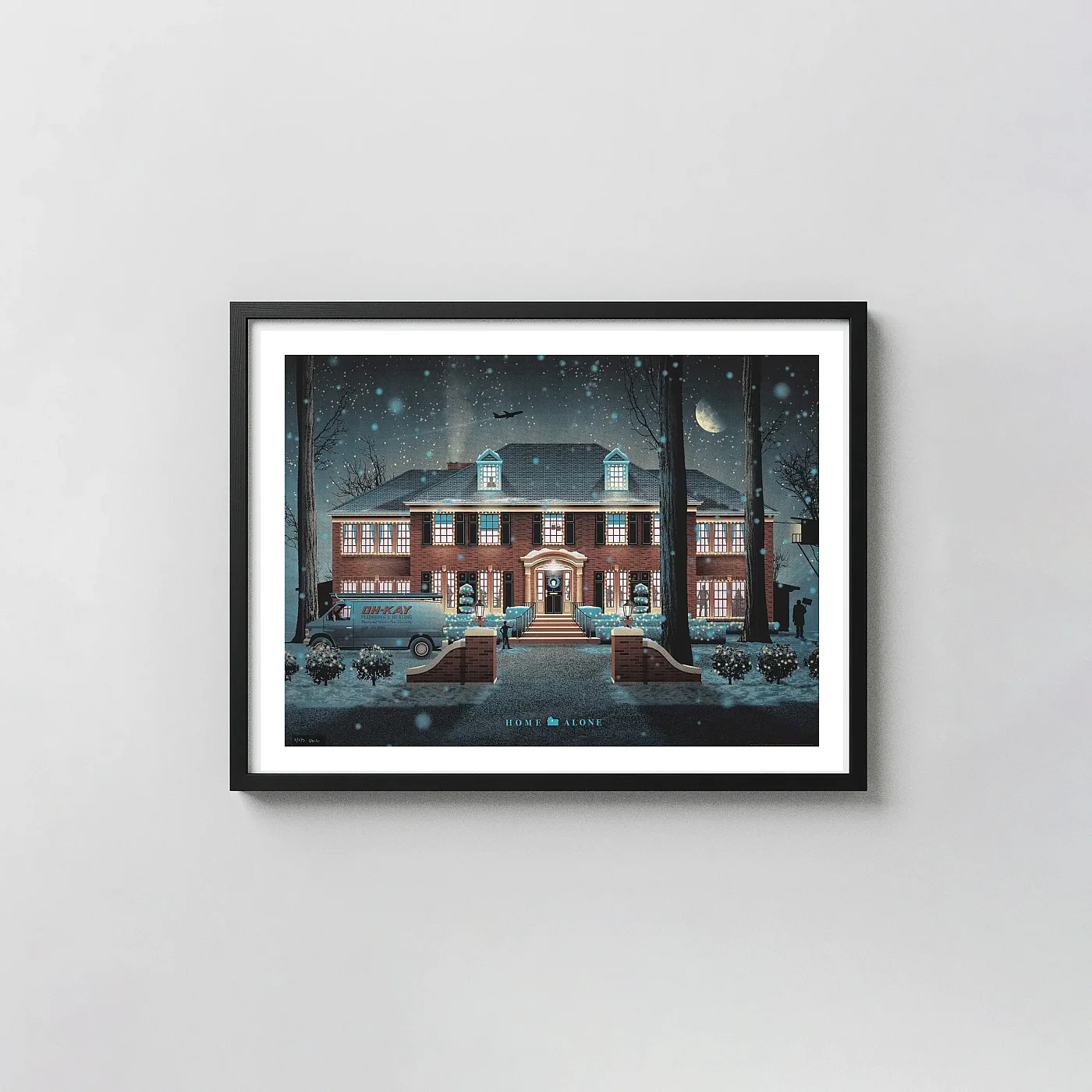 Home Alone DKNG Mondo Movie Poster | Iconic McCallister House Christmas Movie Posters xe2x80x93 Landscape Frame Wall Art Mockup | MerchFuse