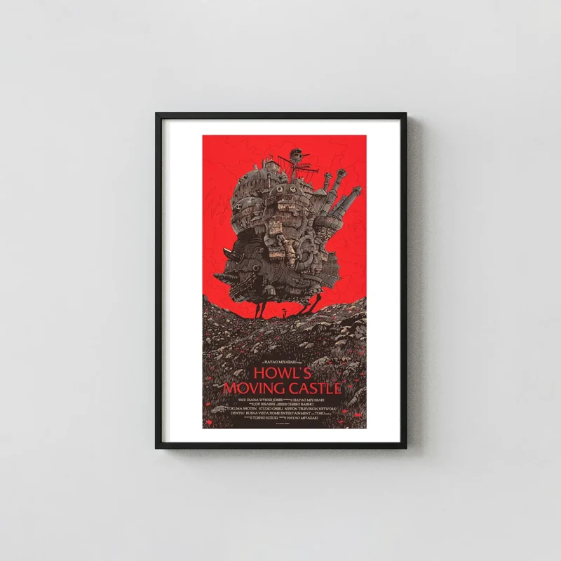 Howl's Moving Castle Olly Moss Mondo Poster | Studio Ghibli Anime Movie Posters xe2x80x93 Portrait Frame Wall Art Mockup | MerchFuse