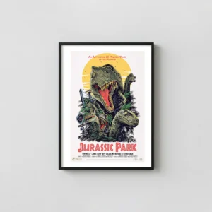 Jurassic Park Poster | Francesco Francavilla Mondo Art Print | T-Rex & Raptors Jurassic Park Movie Posters xe2x80x93 Portrait Frame Wall Art Mockup | MerchFuse