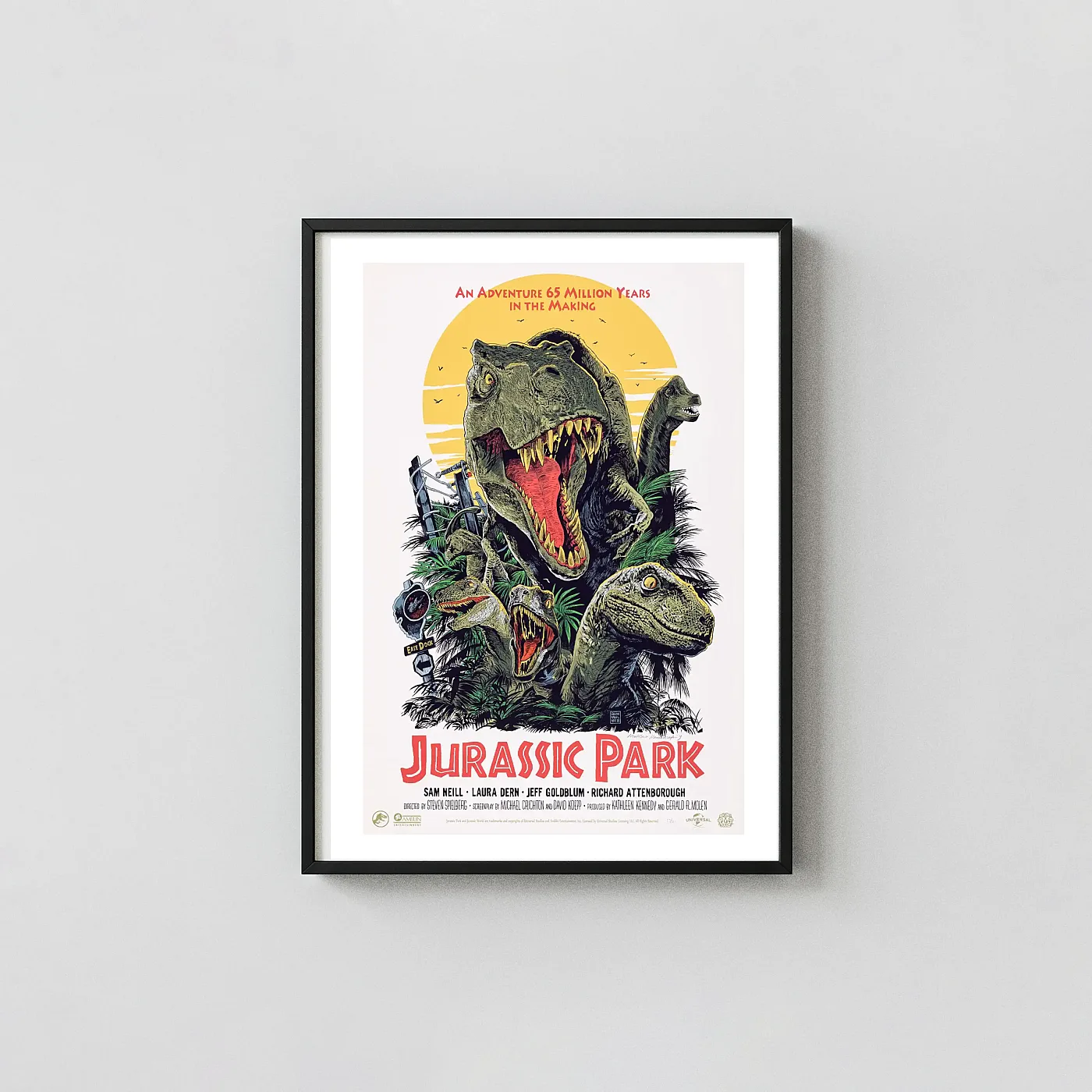 Jurassic Park Poster | Francesco Francavilla Mondo Art Print | T-Rex & Raptors Jurassic Park Movie Posters xe2x80x93 Portrait Frame Wall Art Mockup | MerchFuse