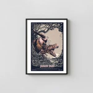 Jurassic Park Mondo T-Rex Poster by Ken Taylor | Exclusive Dinosaur Jurassic Park Movie Posters xe2x80x93 Portrait Frame Wall Art Mockup | MerchFuse