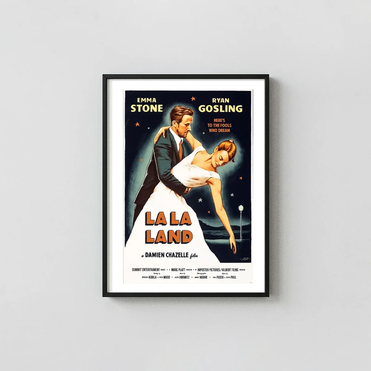 La La Land Movie Poster | Ryan Gosling & Emma Stone Vintage Dance Art by Alexey Kot Movie Posters xe2x80x93 Portrait Frame Wall Art Mockup | MerchFuse