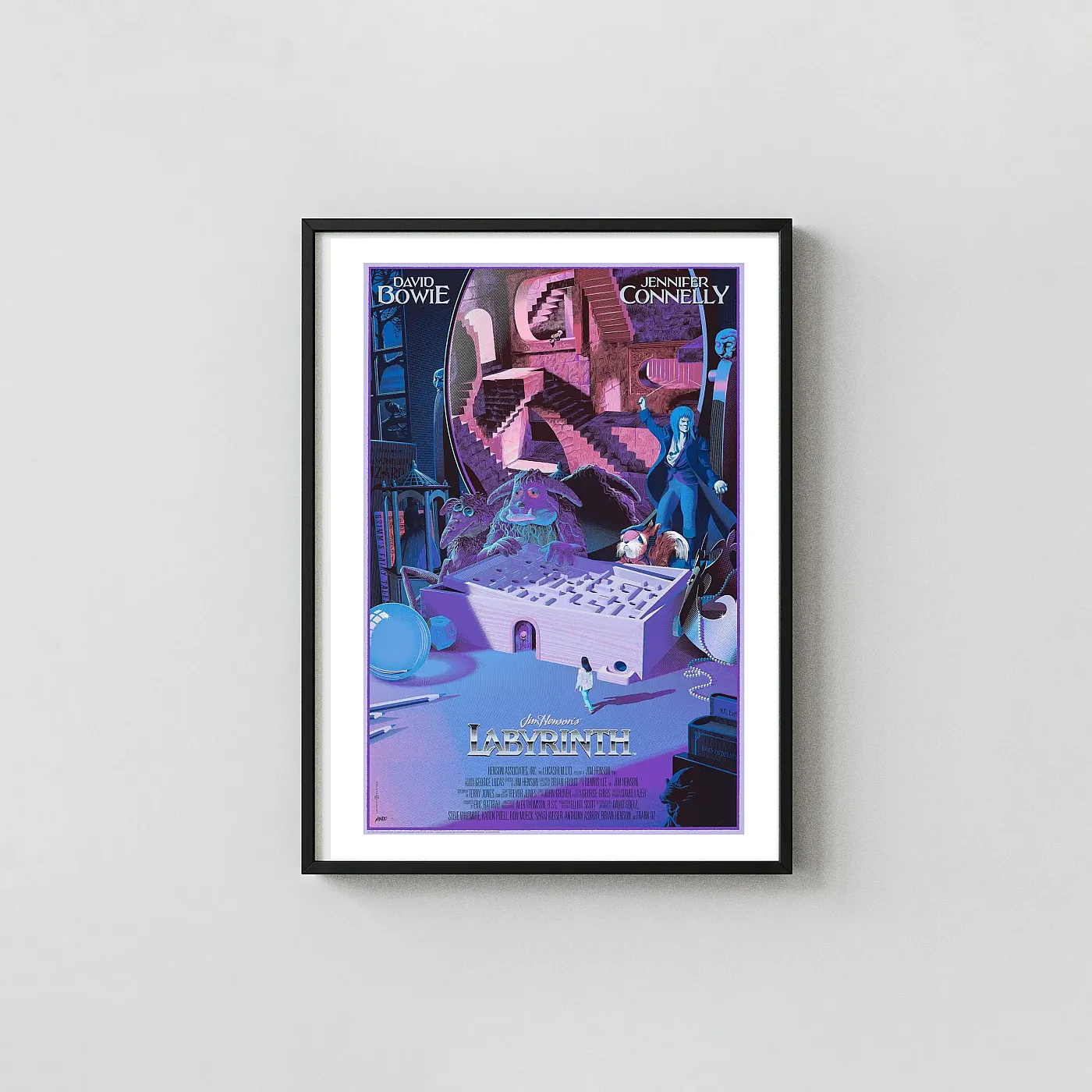 Labyrinth 1986 Movie Poster Art by Laurent Durieux | David Bowie Jareth Cult Classic Movies Posters xe2x80x93 Portrait Frame Wall Art Mockup | MerchFuse