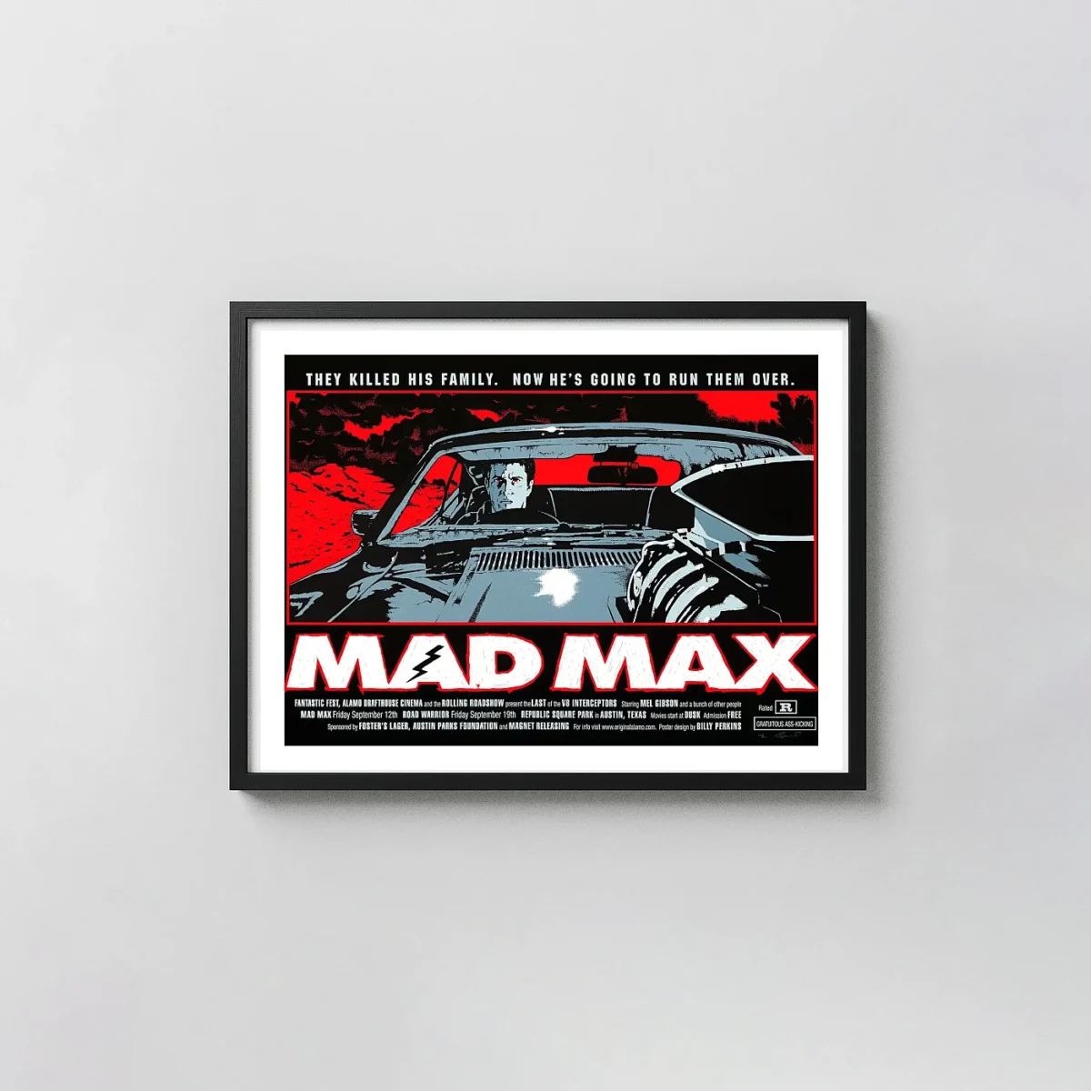 Mad Max Billy Perkins Mondo Poster Art (2008) - V8 Interceptor Revenge Action & Adventure Movie Posters xe2x80x93 Landscape Frame Wall Art Mockup | MerchFuse