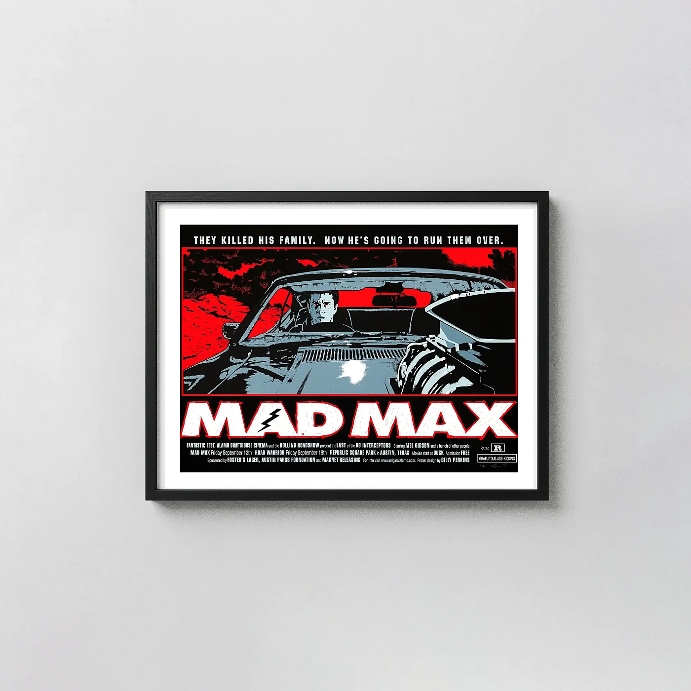 Mad Max Billy Perkins Mondo Poster Art (2008) - V8 Interceptor Revenge Action & Adventure Movie Posters xe2x80x93 Landscape Frame Wall Art Mockup | MerchFuse
