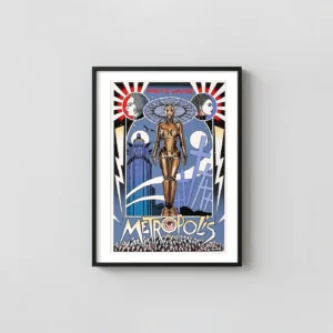 Fritz Lang's Metropolis Movie Poster by William Stout - Maria Robot Movie Posters xe2x80x93 Portrait Frame Wall Art Mockup | MerchFuse