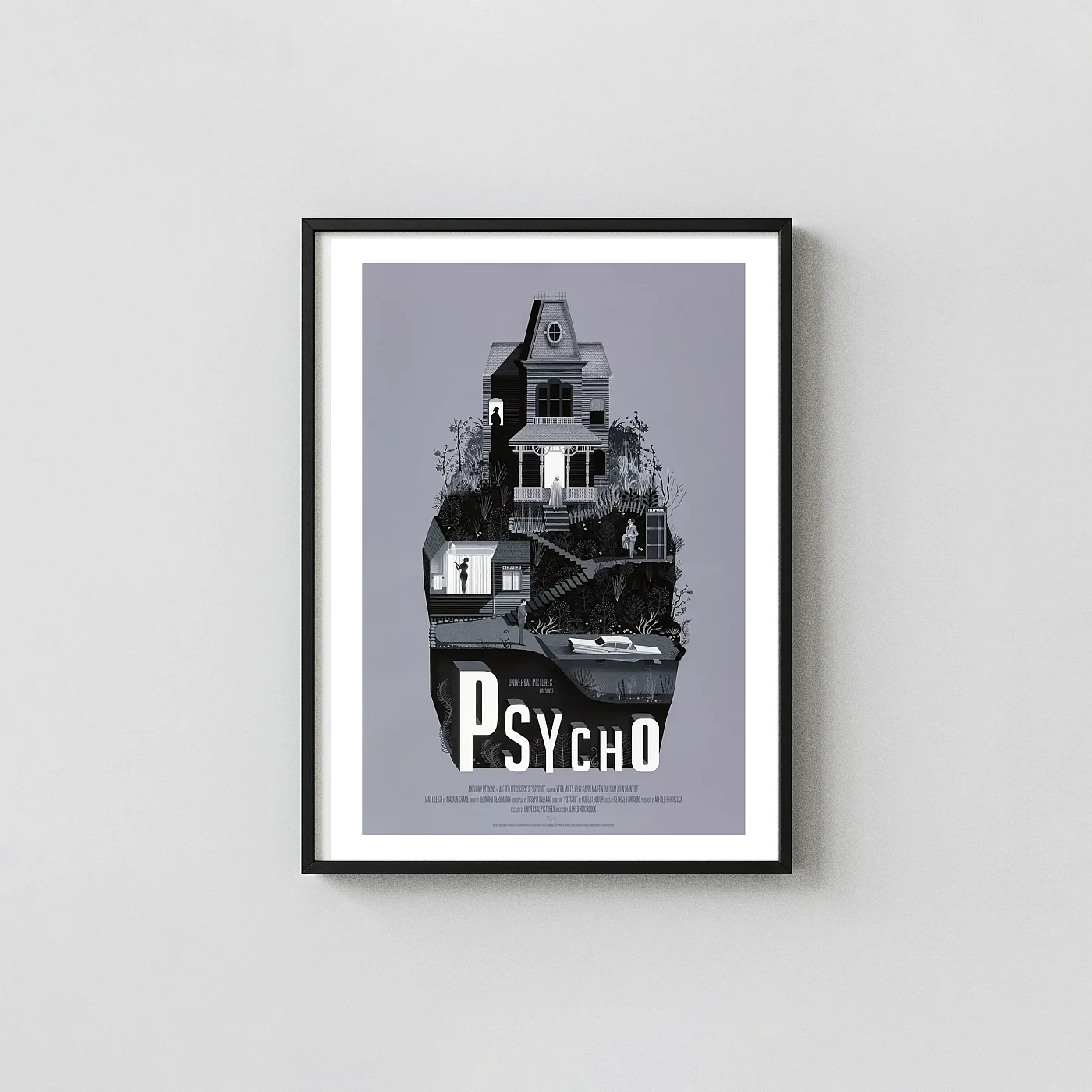 Psycho Mondo Poster by Adam Simpson | Alfred Hitchcock Horror Film Horror Movies Posters xe2x80x93 Portrait Frame Wall Art Mockup | MerchFuse