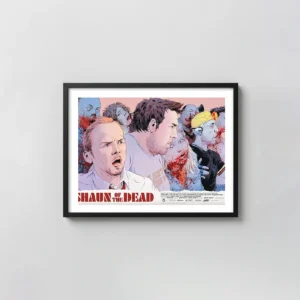 Shaun of the Dead Mondo Poster: Robert Sammelin Art Print (Simon Pegg & Nick Frost) Movie Posters xe2x80x93 Landscape Frame Wall Art Mockup | MerchFuse