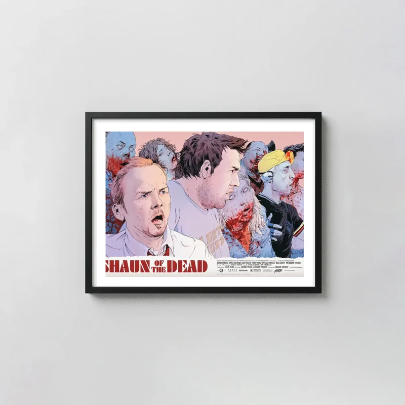 Shaun of the Dead Mondo Poster: Robert Sammelin Art Print (Simon Pegg & Nick Frost) Movie Posters xe2x80x93 Landscape Frame Wall Art Mockup | MerchFuse