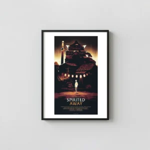 Spirited Away Olly Moss Mondo Poster | Studio Ghibli Chihiro and Bathhouse Movie Posters xe2x80x93 Portrait Frame Wall Art Mockup | MerchFuse