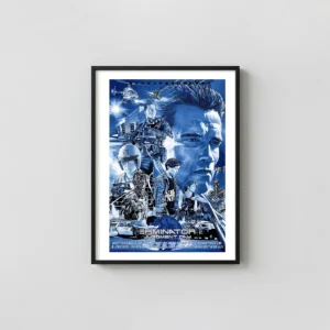 Terminator 2: Judgment Day Poster | Ruiz Burgos Blue Variant Movie Movie Posters xe2x80x93 Portrait Frame Wall Art Mockup | MerchFuse