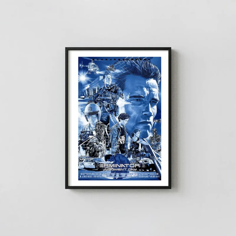Terminator 2: Judgment Day Poster | Ruiz Burgos Blue Variant Movie Movie Posters xe2x80x93 Portrait Frame Wall Art Mockup | MerchFuse