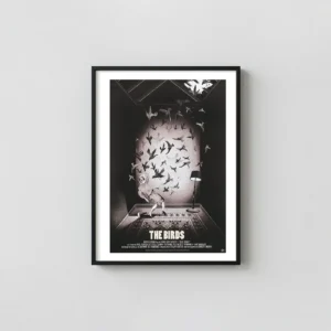 Alfred Hitchcock's The Birds Mondo Poster Art by Adam Simpson (Black & White) Movie Posters xe2x80x93 Portrait Frame Wall Art Mockup | MerchFuse