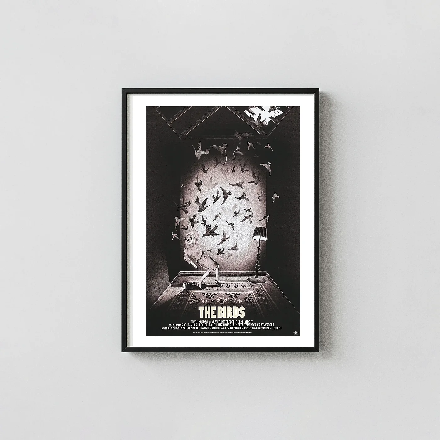 Alfred Hitchcock'S The Birds Mondo Poster Art By Adam Simpson (Black &Amp; White) Alfred Hitchcock'S The Birds Mondo Poster Art By Adam Simpson (Black &Amp; White) Movie Posters Xe2X80X93 Portrait Frame Wall Art Mockup | Merchfuse