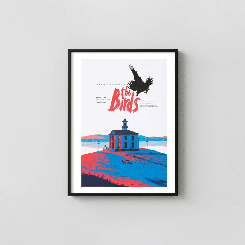 The Birds (1963) Mondo Art Poster | Striking Red & Blue Hitchcock Movie Print