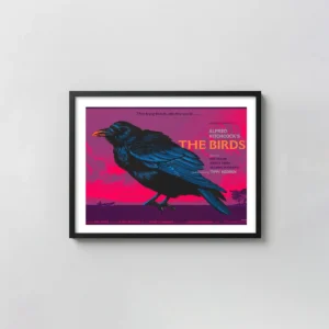 Alfred Hitchcock's The Birds Poster | Mondo Laurent Durieux Screen Print Art Movie Posters xe2x80x93 Landscape Frame Wall Art Mockup | MerchFuse