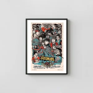 The Goonies Tyler Stout Mondo Poster - Iconic 80s Adventure Movie Art Movie Posters xe2x80x93 Portrait Frame Wall Art Mockup | MerchFuse