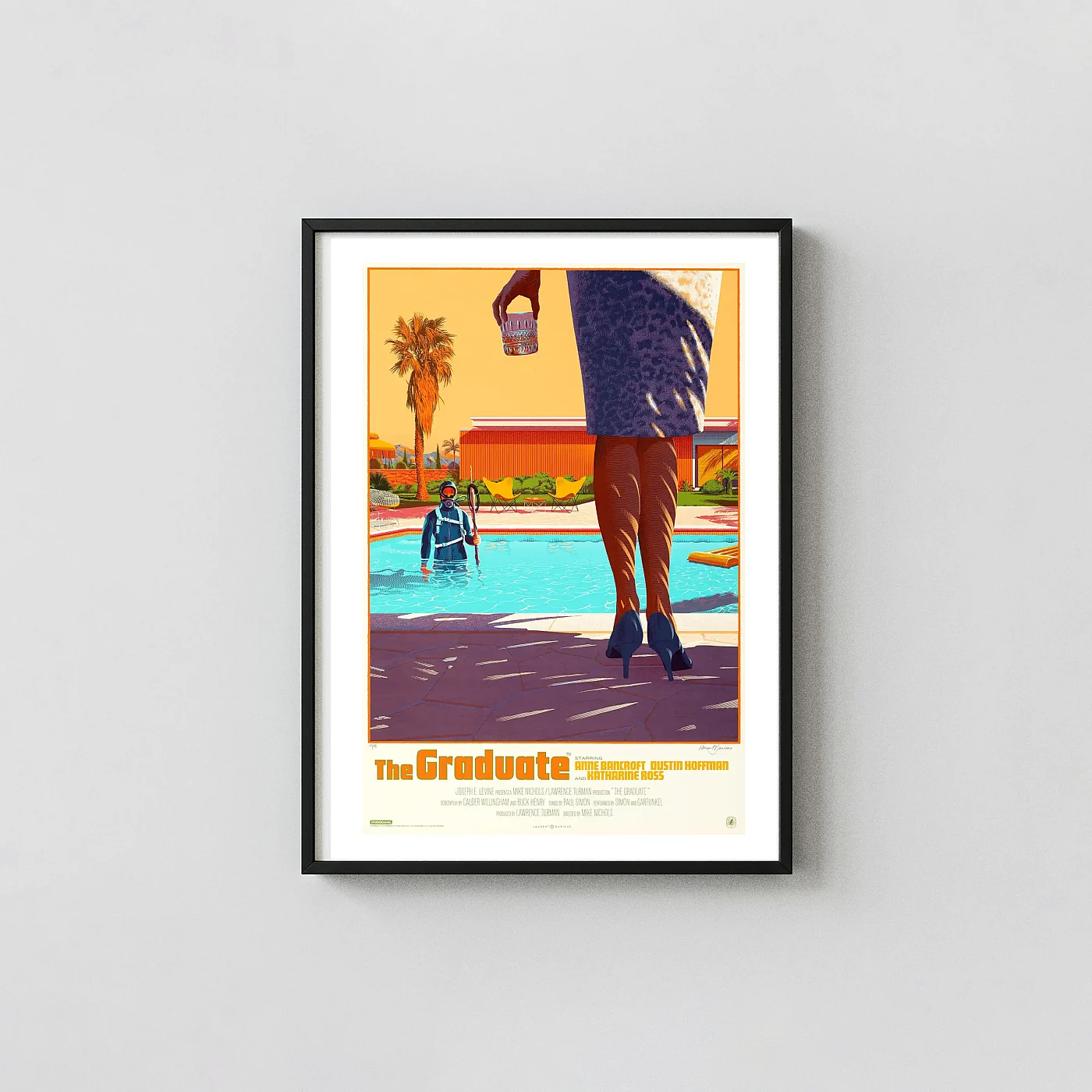 The Graduate Movie Poster By Laurent Durieux | Mrs. Robinson Pool Scene Art Print The Graduate Movie Poster By Laurent Durieux | Mrs. Robinson Pool Scene Movie Posters Xe2X80X93 Portrait Frame Wall Art Mockup | Merchfuse