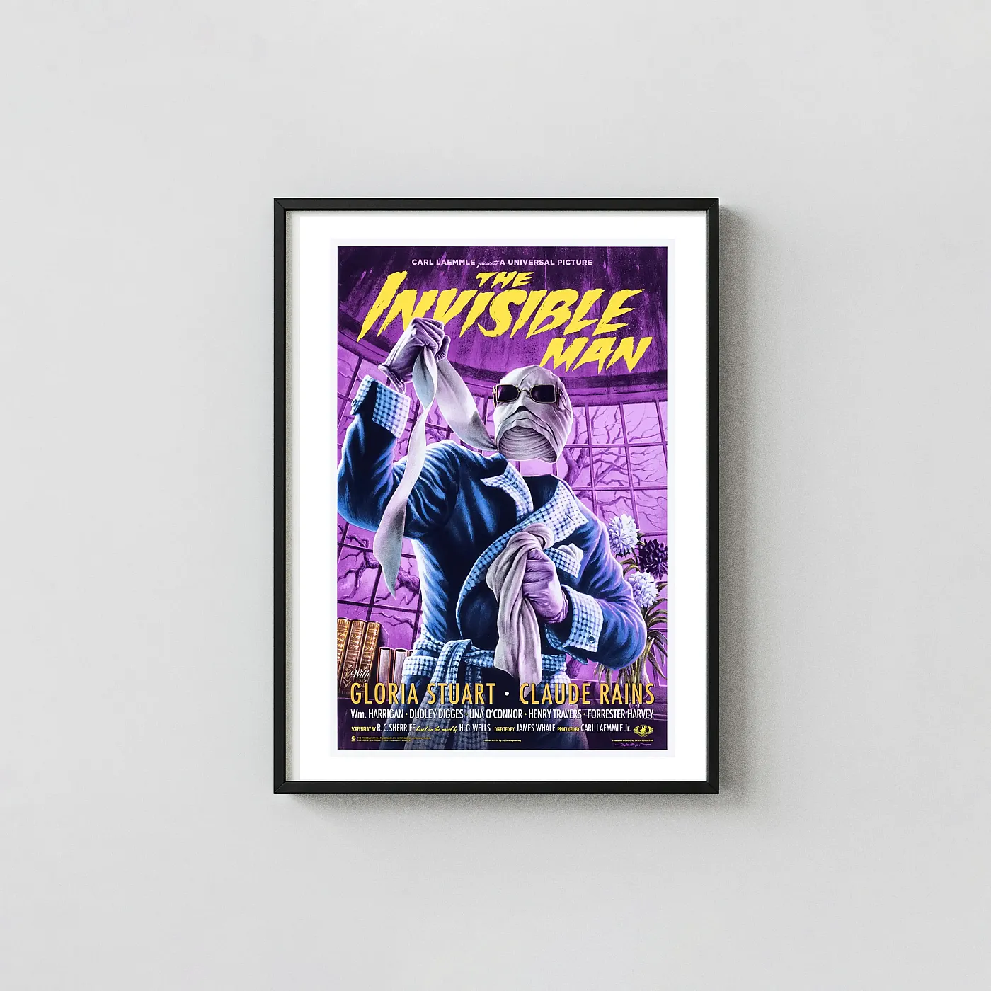The Invisible Man Mondo Poster By Jason Edmiston | Universal Classic Monster Art Print The Invisible Man Mondo Poster By Jason Edmiston | Universal Classic Monster Horror Movies Posters Xe2X80X93 Portrait Frame Wall Art Mockup | Merchfuse