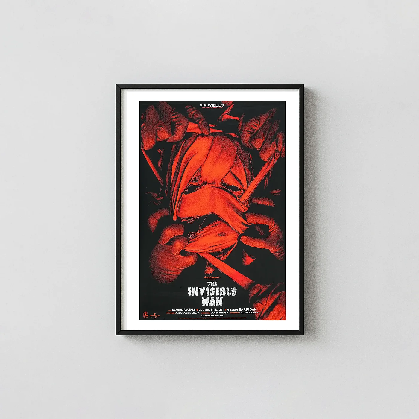 The Invisible Man Mondo Poster By Elvisdead | Universal Monsters Horror Art Print The Invisible Man Mondo Poster By Elvisdead | Universal Monsters Horror Horror Movies Posters Xe2X80X93 Portrait Frame Wall Art Mockup | Merchfuse