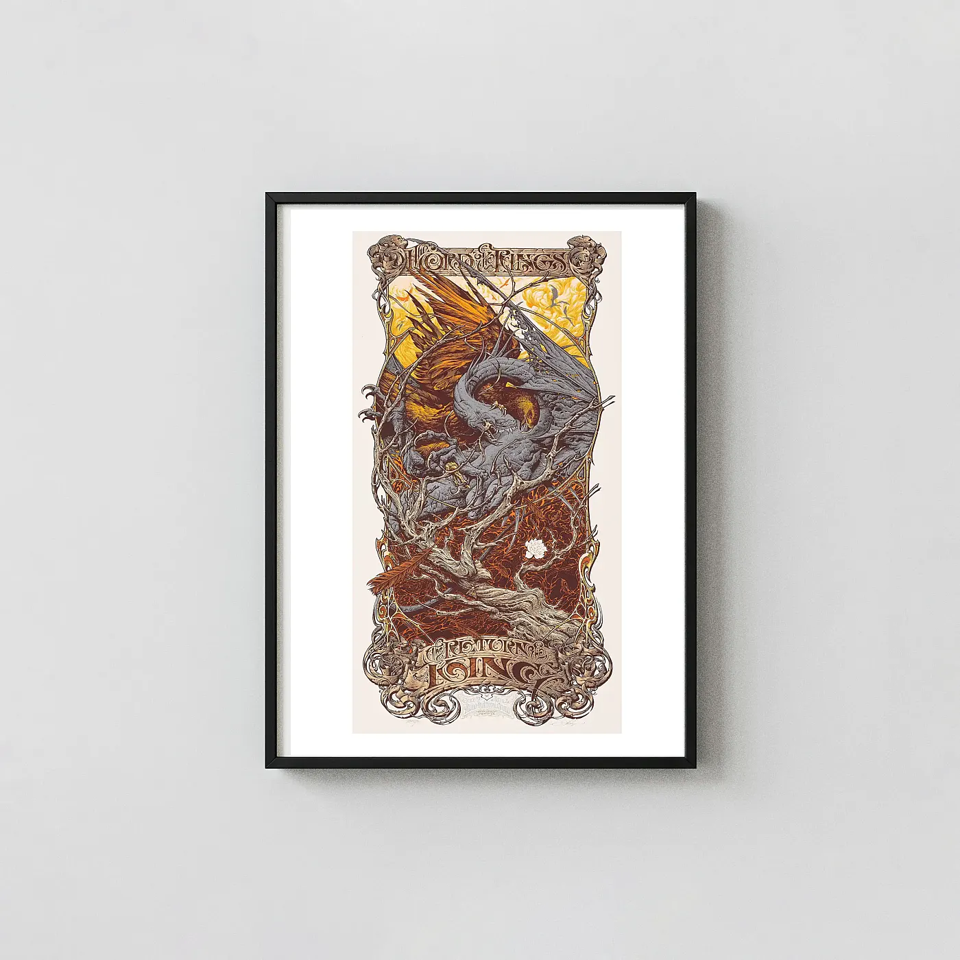 The Return Of The King Mondo Poster By Aaron Horkey | Epic Lotr Fantasy Art Print The Return Of The King Mondo Poster By Aaron Horkey | Epic Lotr Fantasy Movie Posters Xe2X80X93 Portrait Frame Wall Art Mockup | Merchfuse
