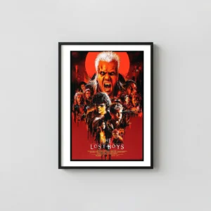 The Lost Boys Movie Poster Art by Vance Kelly | Iconic 80s Horror Film Cult Classic Movies Posters xe2x80x93 Portrait Frame Wall Art Mockup | MerchFuse