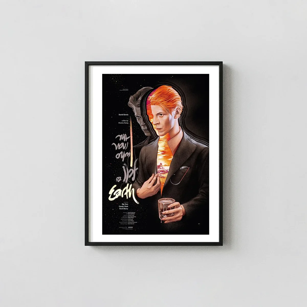 David Bowie in The Man Who Fell to Earth Poster | Martin Ansin Mondo Movie Posters xe2x80x93 Portrait Frame Wall Art Mockup | MerchFuse