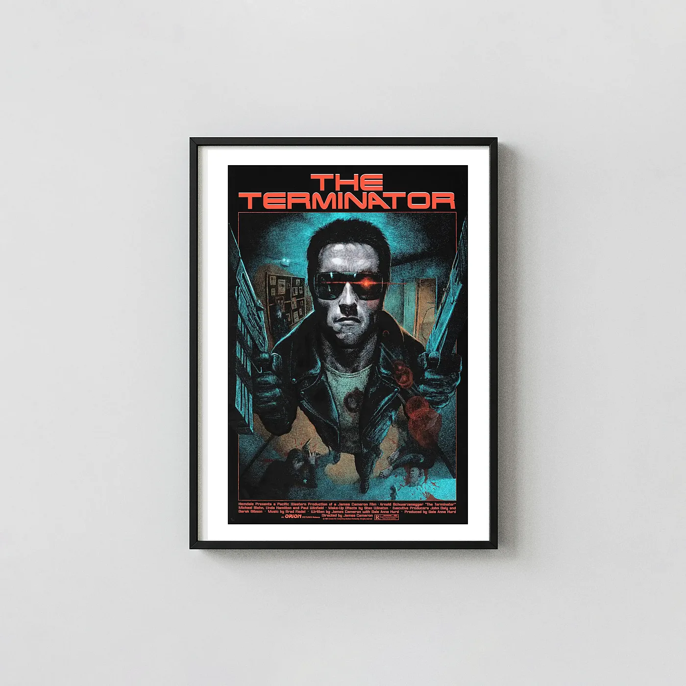 The Terminator Movie Poster | John Barry Ballaran Commissioned Art Print The Terminator Movie Poster | John Barry Ballaran Commissioned Movie Posters Xe2X80X93 Portrait Frame Wall Art Mockup | Merchfuse