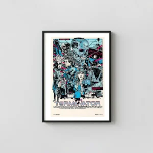 The Terminator (1984) Tyler Stout Movie Poster - Cyberpunk Sci-Fi Screen Movie Posters xe2x80x93 Portrait Frame Wall Art Mockup | MerchFuse